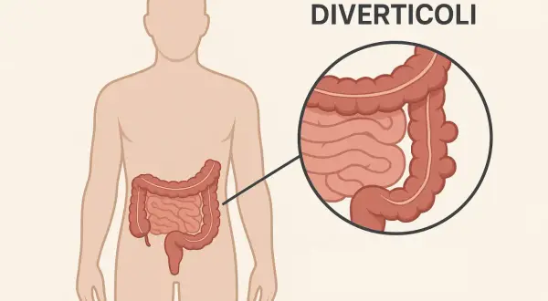 Illustrazione anatomica che mostra cosa sono i diverticoli: piccole sacche che sporgono dalla parete del colon.