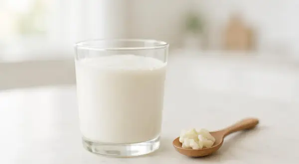 Un bicchiere di kefir accanto a un cucchiaino con grani di kefir. Un rimedio naturale per il reflusso.