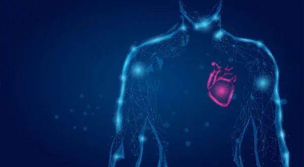 Cuore stilizzato in rosso acceso all'interno di una figura umana blu luminosa, che suggerisce le **cause** di un **CPK alto**.