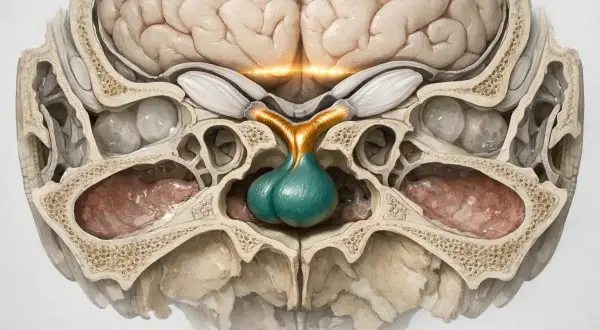 Sezione anatomica del cervello con ipofisi verde brillante. I valori normali di prolattina sono essenziali per la salute.