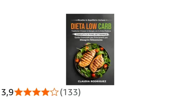 Copertina libro "Dieta Low Carb" con pollo grigliato e insalata. Guida per dimagrire velocemente.
