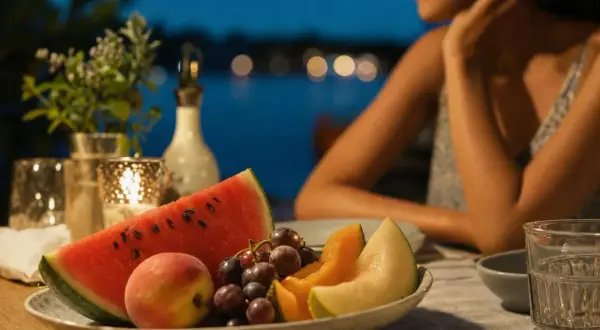 Piatto di frutta fresca con anguria, melone, pesche e uva. Una donna sullo sfondo, forse pensa che la frutta fa ingrassare, ma è deliziosa!