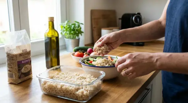 Mani aggiungono riso integrale a un'insalata colorata. Un sacchetto di riso per diabetici e una bottiglia d'olio sono sul bancone.