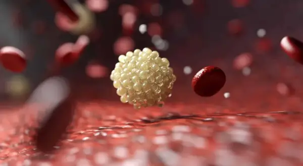 Aggregato di LDL ossidate, potenzialmente dannose, fluttua tra globuli rossi nel flusso sanguigno.