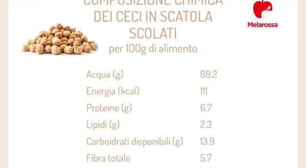 Composizione chimica dei ceci in scatola scolati: acqua, energia, proteine, lipidi, carboidrati e fibra. Scopri cosa contengono i ceci per 100g.
