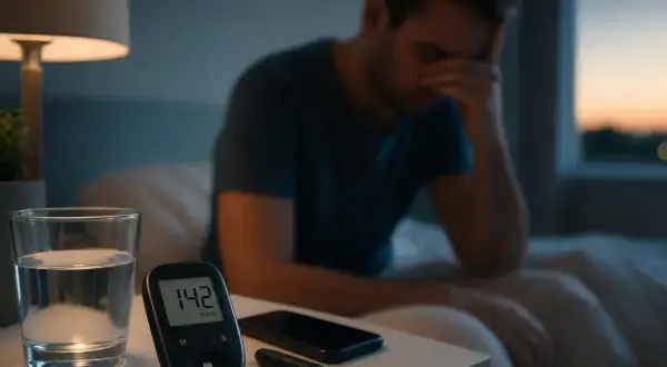 Uomo preoccupato guarda il misuratore di glicemia con valore 142 mg/dL, un bicchiere d'acqua e un telefono sul comodino. L'effetto alba suggerisce un problema di glicemia mattutina.