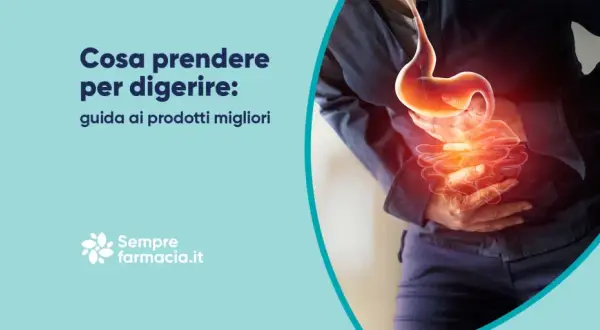 Guida su cosa prendere per digerire meglio. Immagine di uno stomaco e intestino con un'aura rossa, indicando disagio.