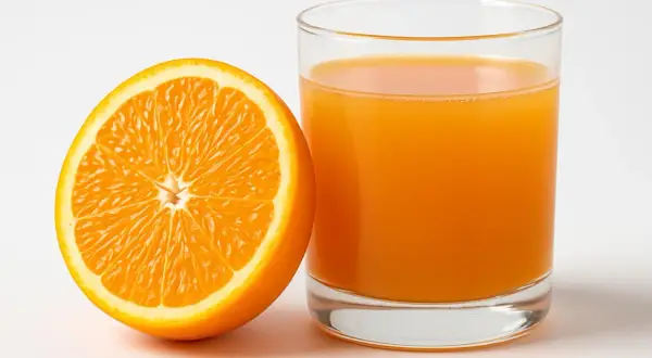 Mezza arancia succosa accanto a un bicchiere di succo d'arancia. Un'immagine che fa pensare alle arance e alla glicemia.