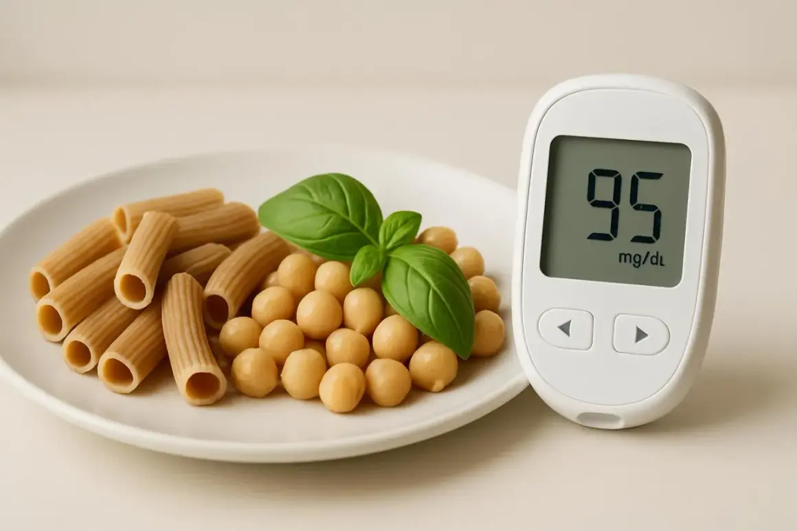 Piatto con pasta integrale e ceci, accanto a un glucometro che segna 95 mg/dL. Attenzione agli alimenti che alzano la glicemia.