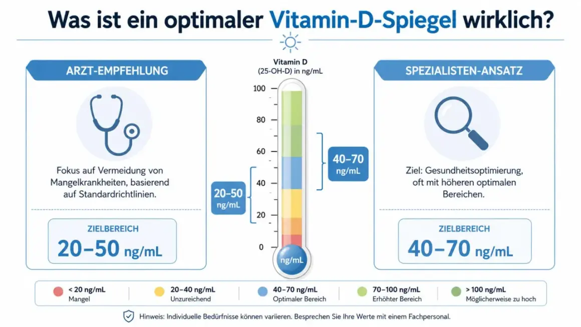 Grafico che illustra i livelli ottimali di vitamina D, con indicazioni per medici e specialisti. L'analisi della vitamina D è fondamentale per la salute.