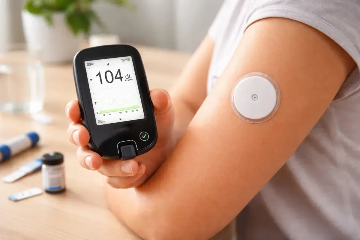 Un braccio con un sensore per il monitoraggio del glucosio e un misuratore glicemia ultima generazione che mostra 104 dL.