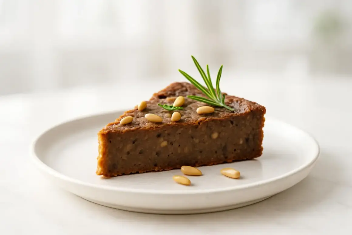 Fetta di torta di castagne con pinoli e rosmarino. Un dolce gustoso, ma attenzione alla glicemia!