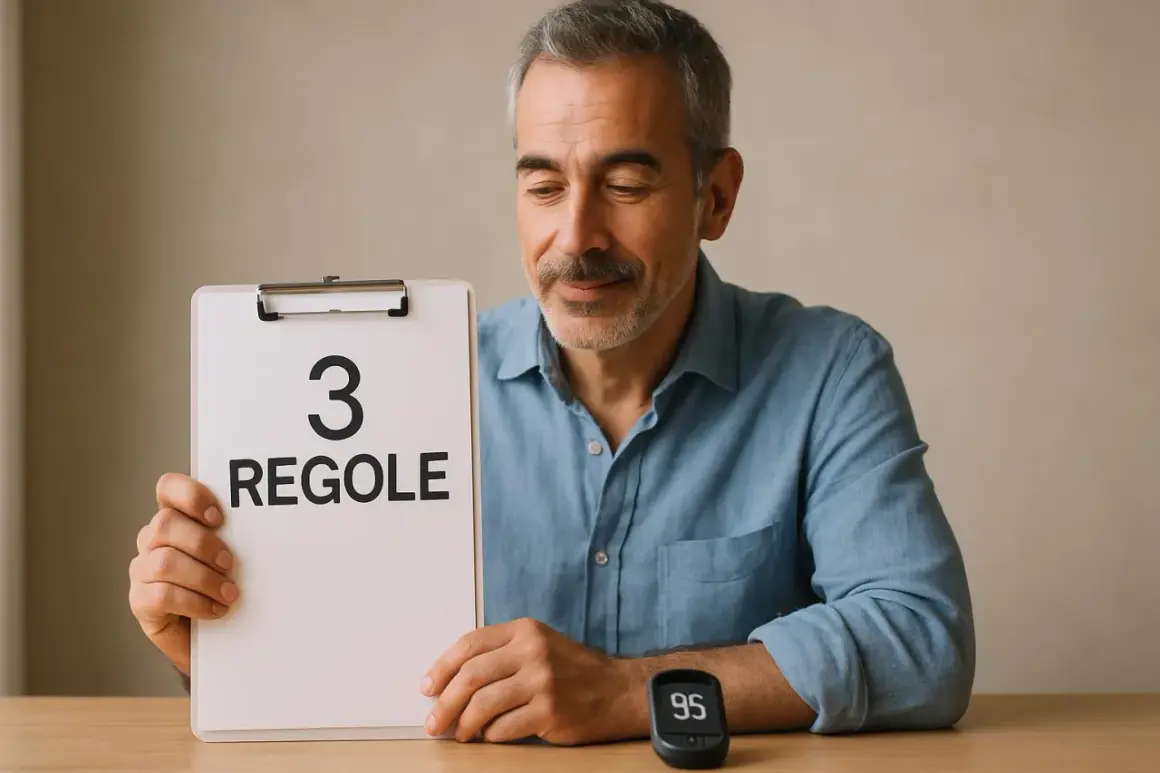 Uomo con tavoletta "3 Regole" e glucometro. Scopri i trucchi per abbassare la glicemia e mantenere i valori sotto controllo.