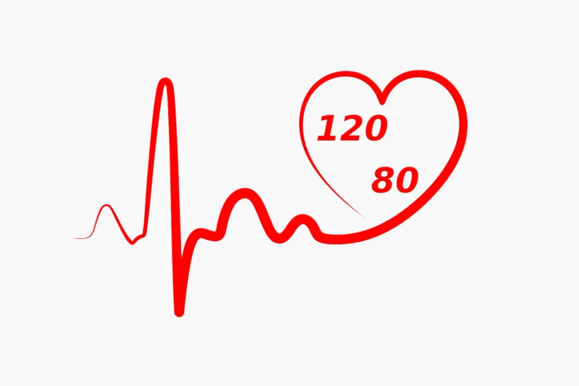 Grafico di un elettrocardiogramma con un cuore rosso che mostra 120/80, indicando le pulsazioni al minuto.