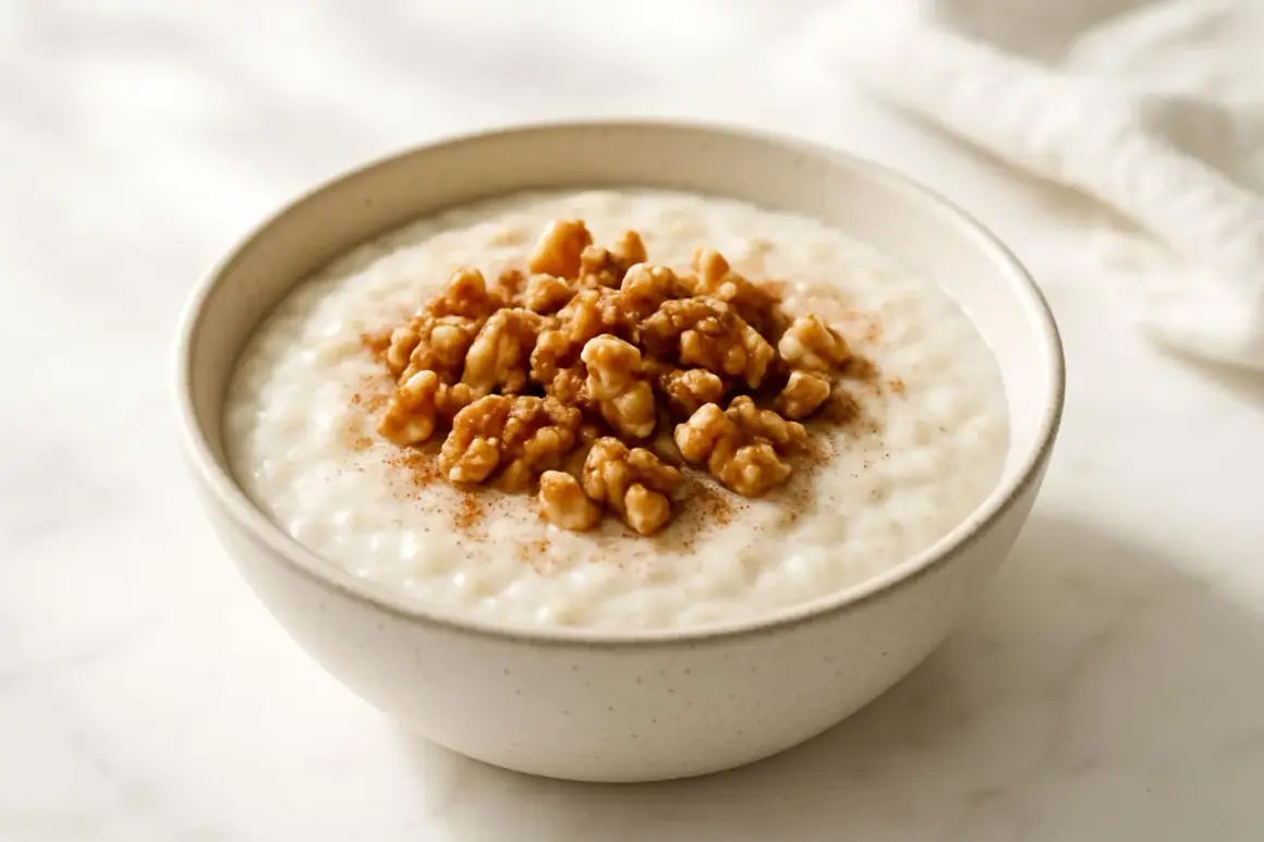 Una ciotola di porridge cremoso con noci e cannella, perfetta per una colazione a basso indice glicemico.