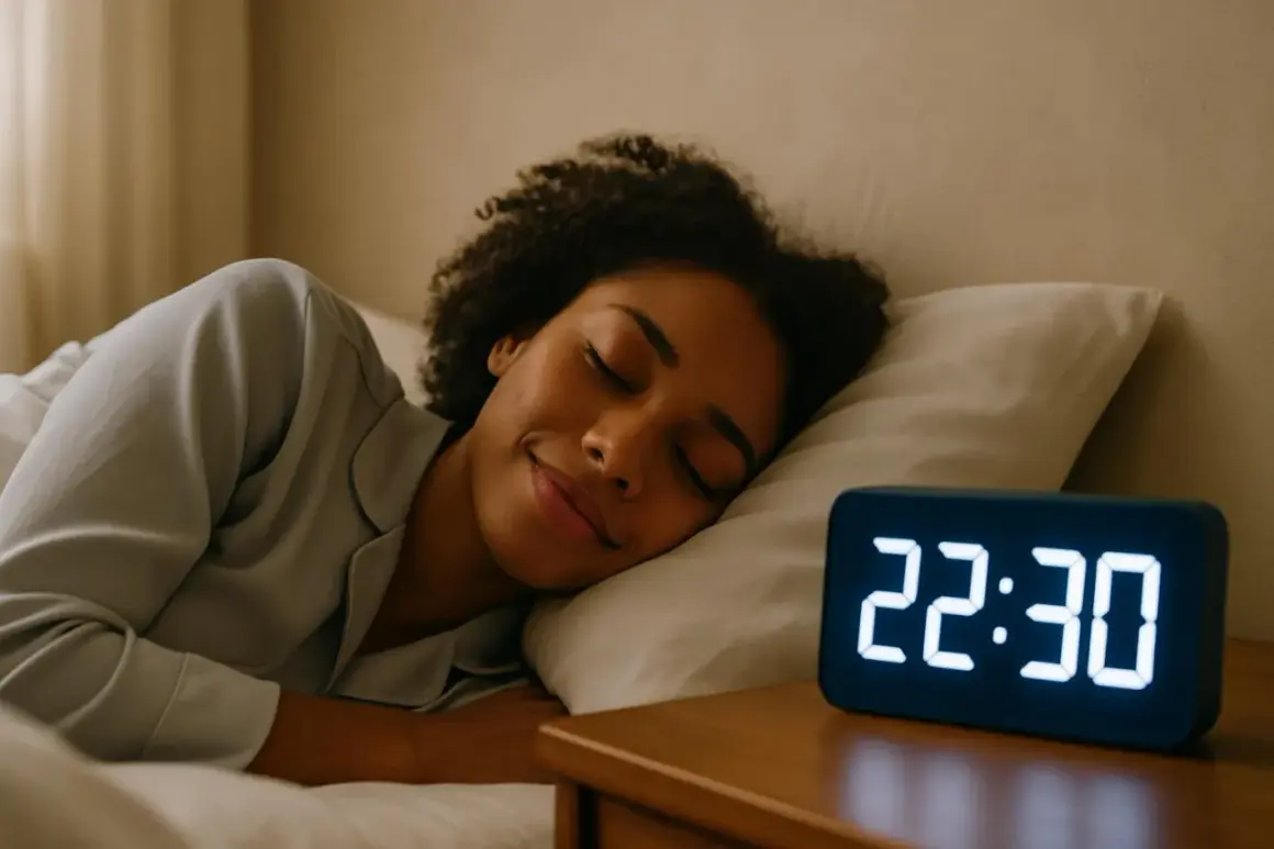 Donna dorme serenamente, l'orologio segna 22:30. Dormire fa dimagrire, un segreto per il benessere.
