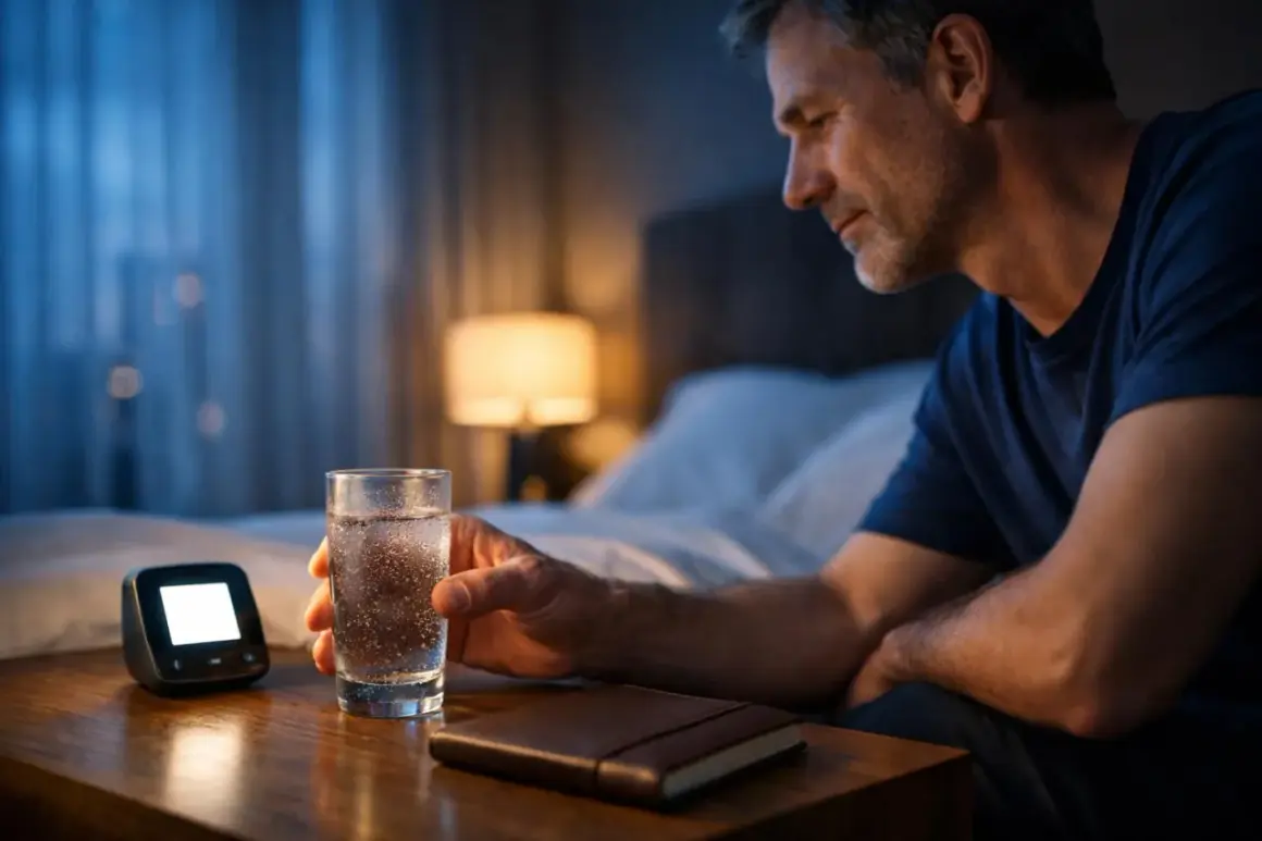 Uomo con bocca asciutta e impastata, si alza di notte per bere un bicchiere d'acqua. Sul comodino, un libro e un piccolo orologio digitale.