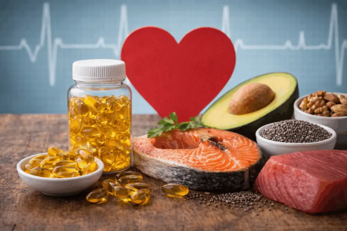 Alimenti ricchi di omega 3 e integratori, con cuore e battito cardiaco stilizzati, per la salute del colesterolo.