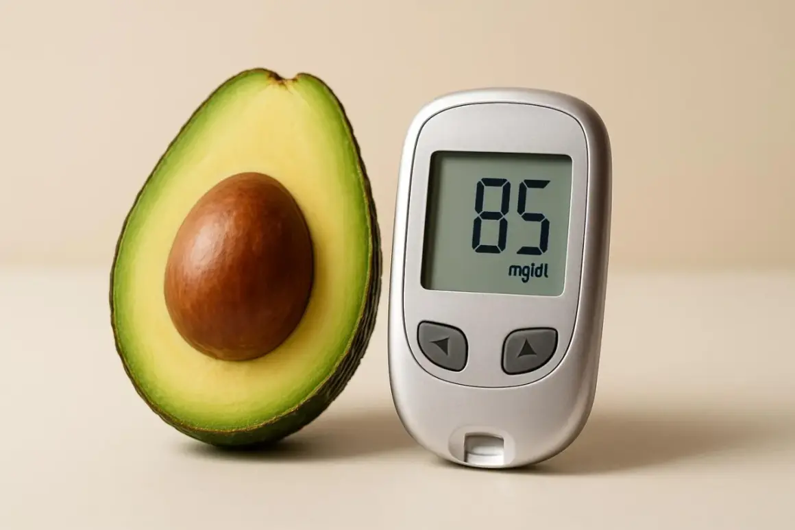Avocado accanto a un glucometro che segna 85 mg/dL, suggerendo un controllo della glicemia.
