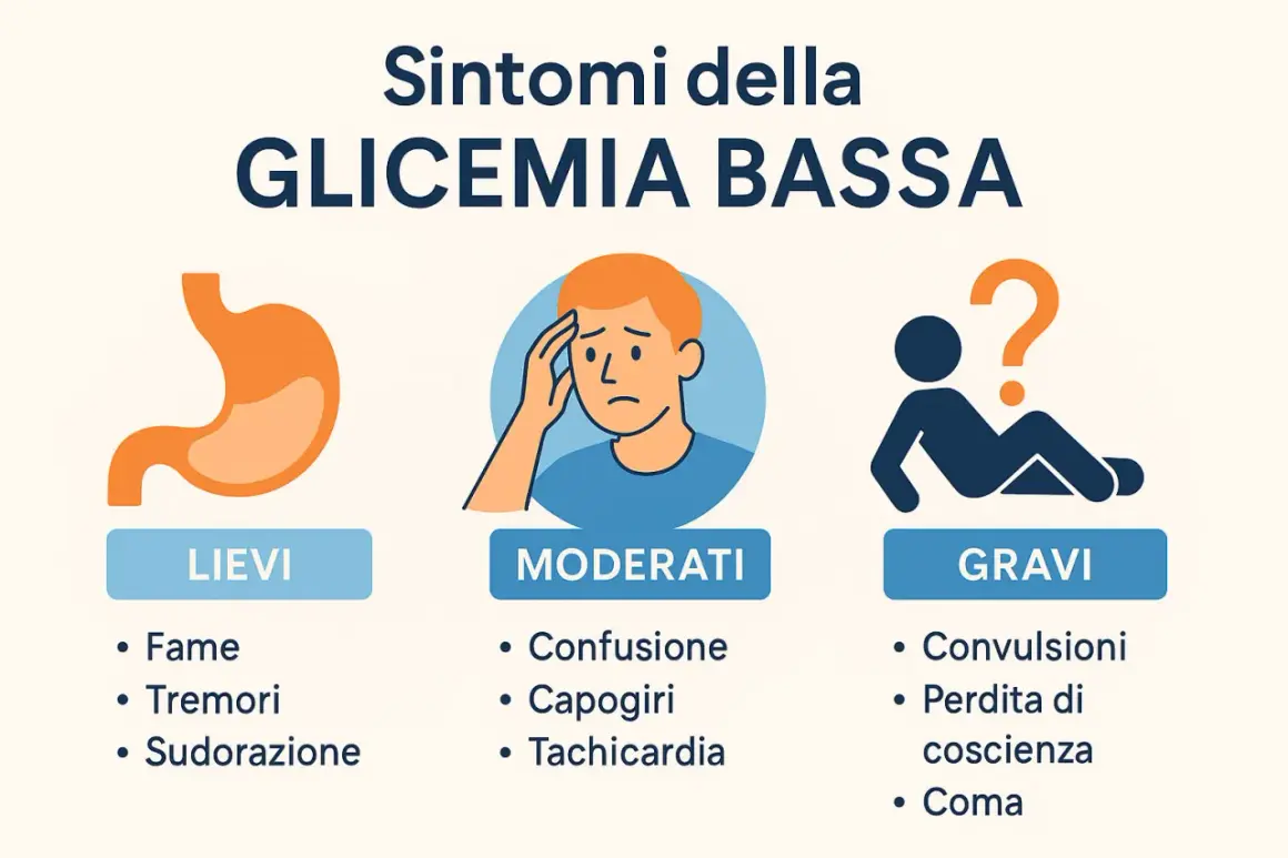 Sintomi della glicemia bassa: lievi (fame, tremori, sudorazione), moderati (confusione, capogiri, tachicardia), gravi (convulsioni, perdita di coscienza, coma). Cosa fare in caso di ipoglicemia?