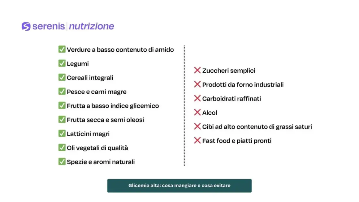Lista di alimenti consigliati e da evitare per la glicemia. Per la glicemia bassa cosa mangiare: verdure, legumi, cereali integrali, pesce, frutta a basso indice glicemico, frutta secca, latticini magri, oli vegetali, spezie.