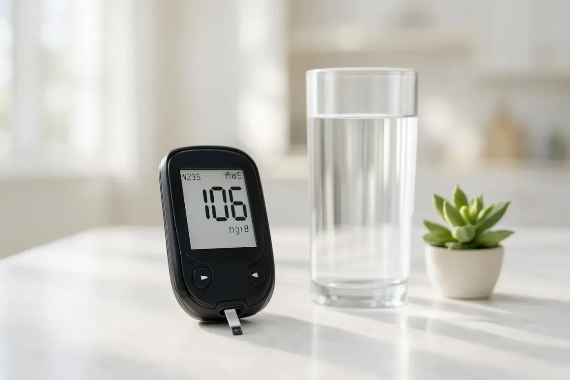 Misurazione glicemia 106 mg/dL a digiuno. Un bicchiere d'acqua e una piccola pianta completano la scena.