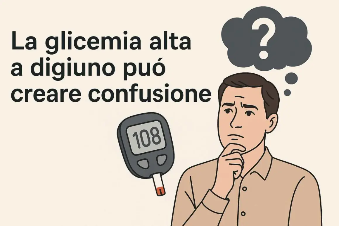Uomo pensieroso con glucometro che mostra 108. La glicemia alta a digiuno può creare confusione.