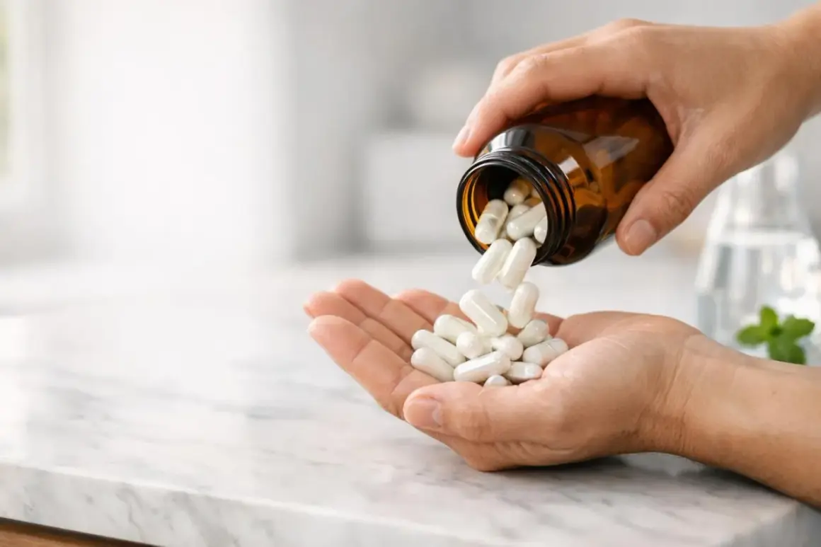 Mani versano capsule da un flacone, preoccupate che il magnesio faccia male al fegato.