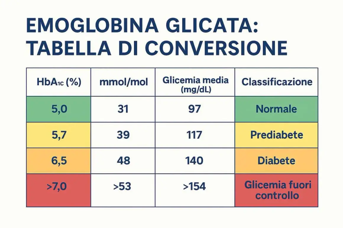 Tabella di conversione emoglobina glicata: un valore di 5,9% indica prediabete, con glicemia media 117 mg/dL.