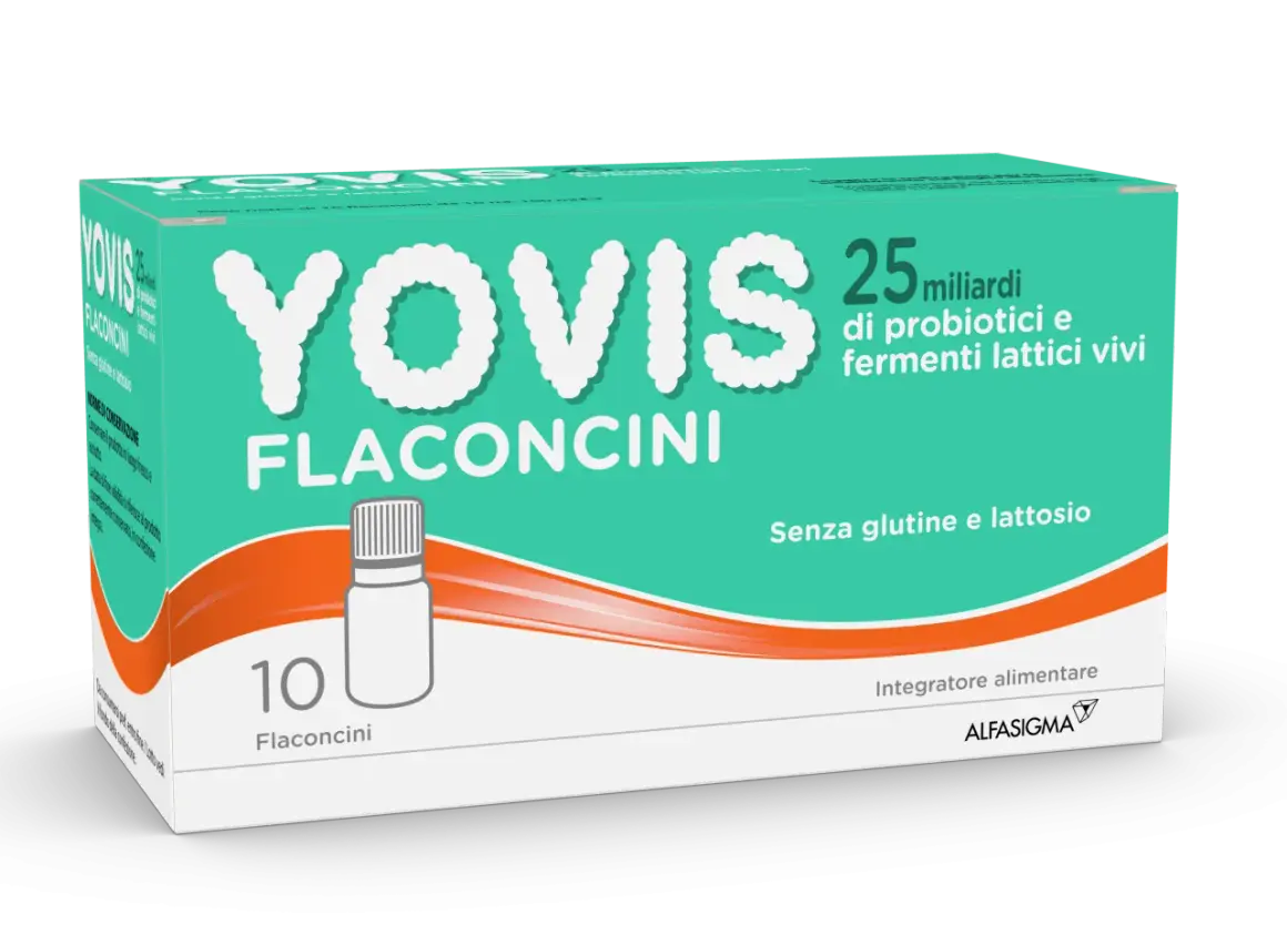 Yovis flaconcini: 25 miliardi di probiotici e fermenti lattici vivi, senza glutine e lattosio. Utile per chi cerca un elenco alimenti che fermentano nell'intestino.