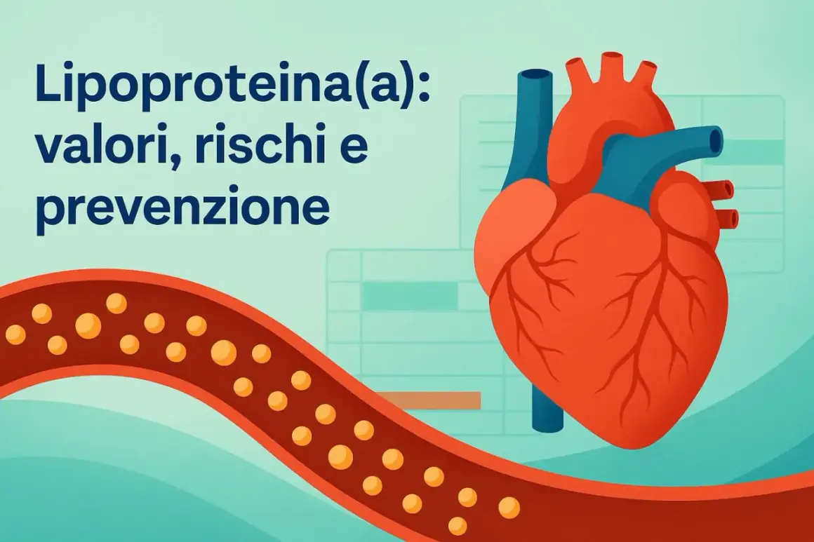 Cuore e arteria con particelle lipidiche. Testo: Lipoproteina(a): valori, rischi e prevenzione. Un valore alto di lipoproteina(a) può essere un fattore di rischio cardiovascolare.