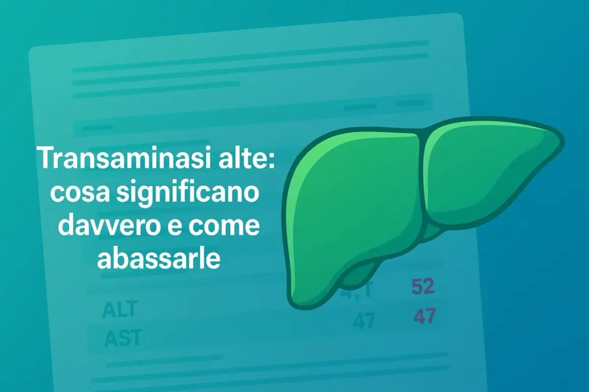 Fegato stilizzato accanto a un grafico con valori ALT e AST. Il testo indica "Transaminasi alte: cosa significano davvero e come abbassarle".