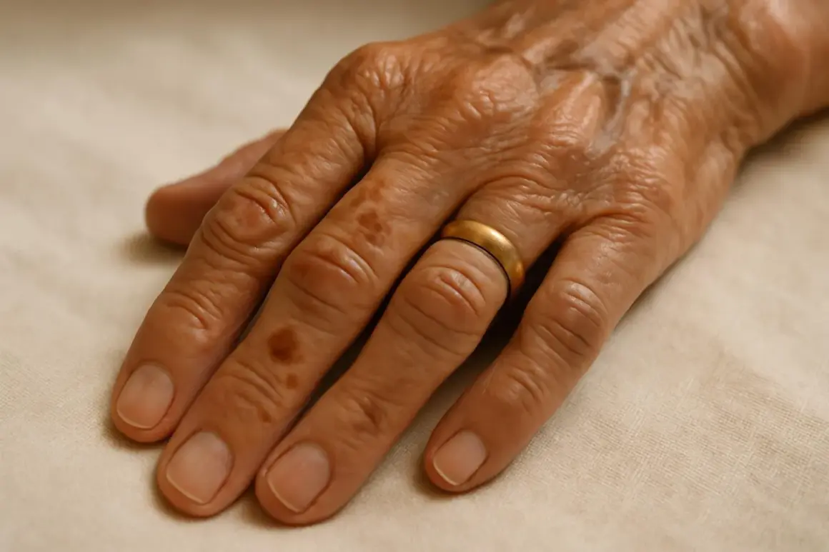 Mano anziana con macchie solari, simili a **palmi mani rosse fegato**, indossa un anello d'oro.