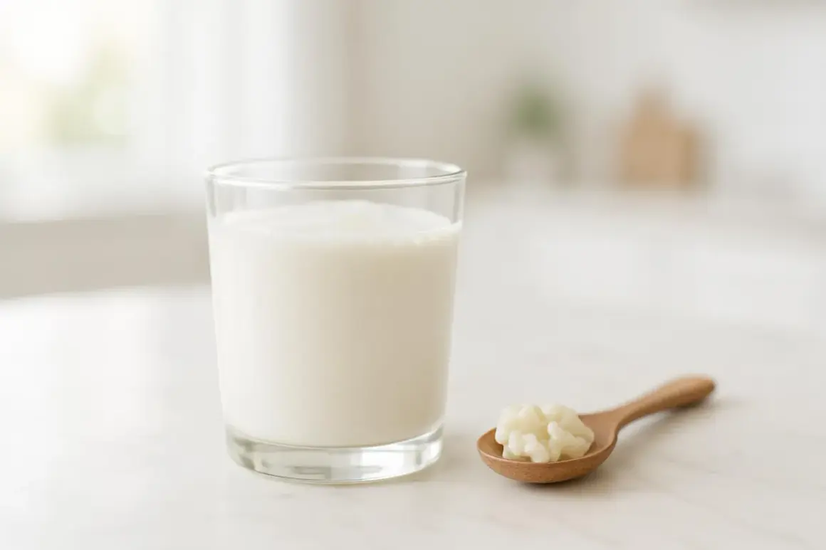 Un bicchiere di kefir accanto a un cucchiaino con grani di kefir. Un rimedio naturale per il reflusso.