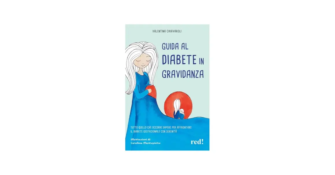 Copertina libro "Guida al diabete in gravidanza", con illustrazione di una donna incinta che tiene un cuore rosso. Affrontare la glicemia alta in gravidanza con serenità.
