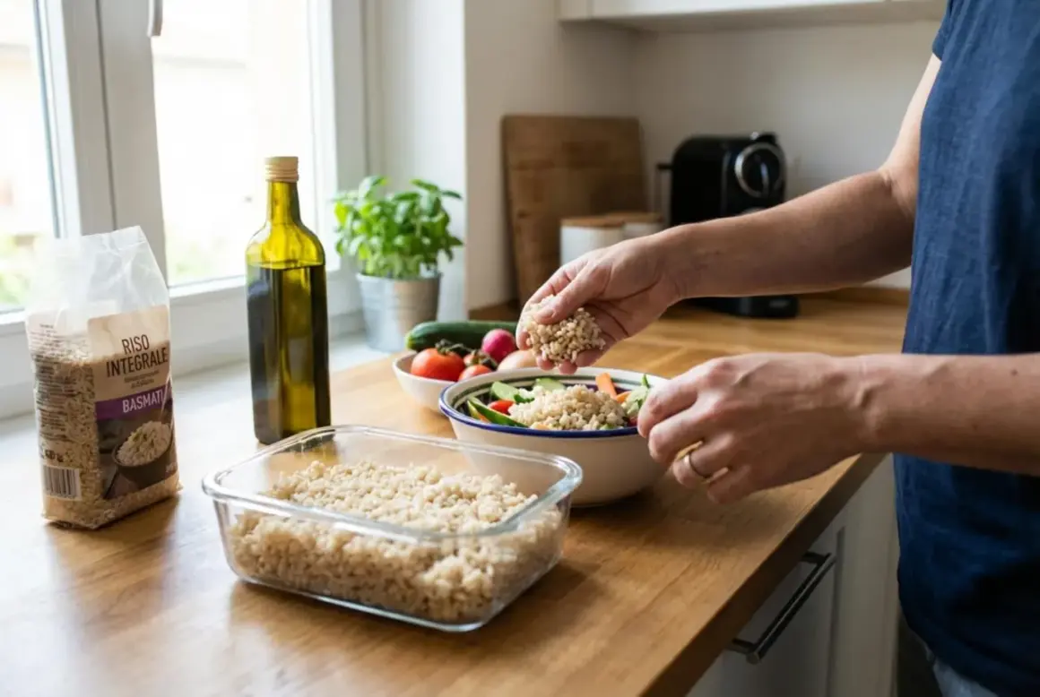 Mani aggiungono riso integrale a un'insalata colorata. Un sacchetto di riso per diabetici e una bottiglia d'olio sono sul bancone.