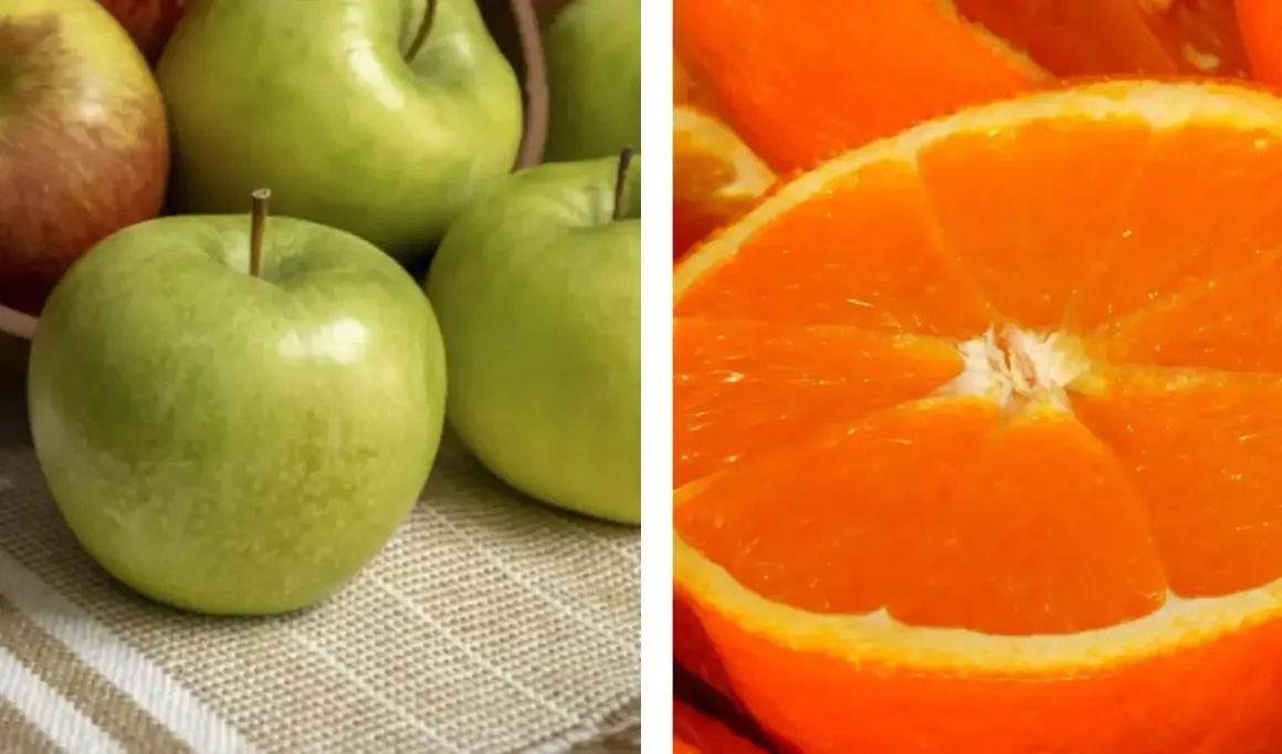 Mele verdi e arancia tagliata a metà. Attenzione, il fruttosio alza la glicemia.