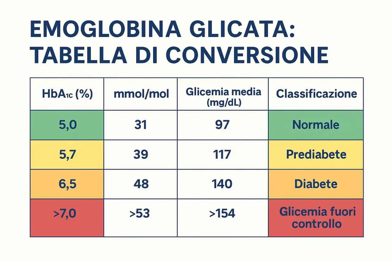 Tabella di conversione per emoglobina glicata alta. Indica i valori di HbA1c, mmol/mol, glicemia media e classificazione (normale, prediabete, diabete, glicemia fuori controllo).