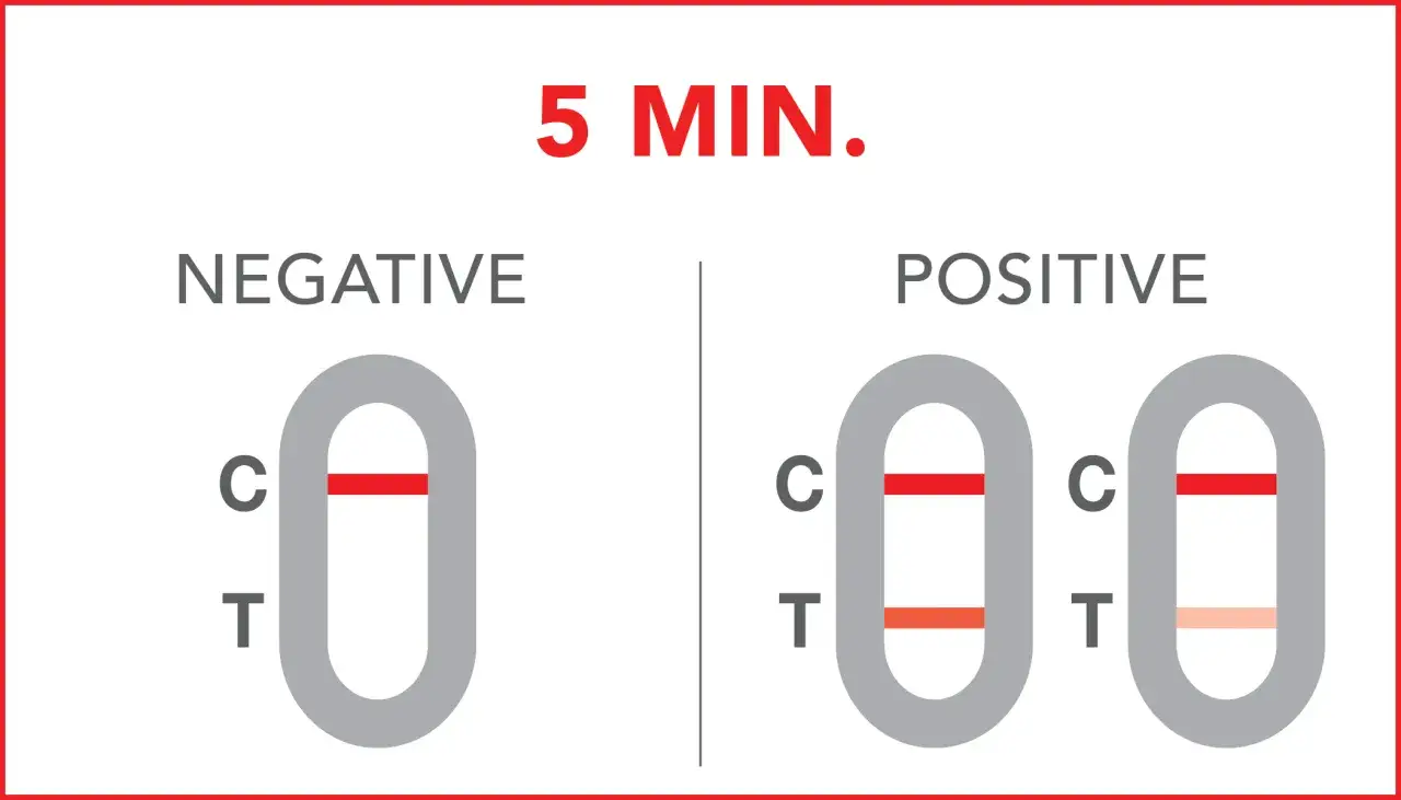 Test rapido per sangue occulto nelle feci: negativo (una linea rossa) o positivo (due linee rosse, una più chiara).