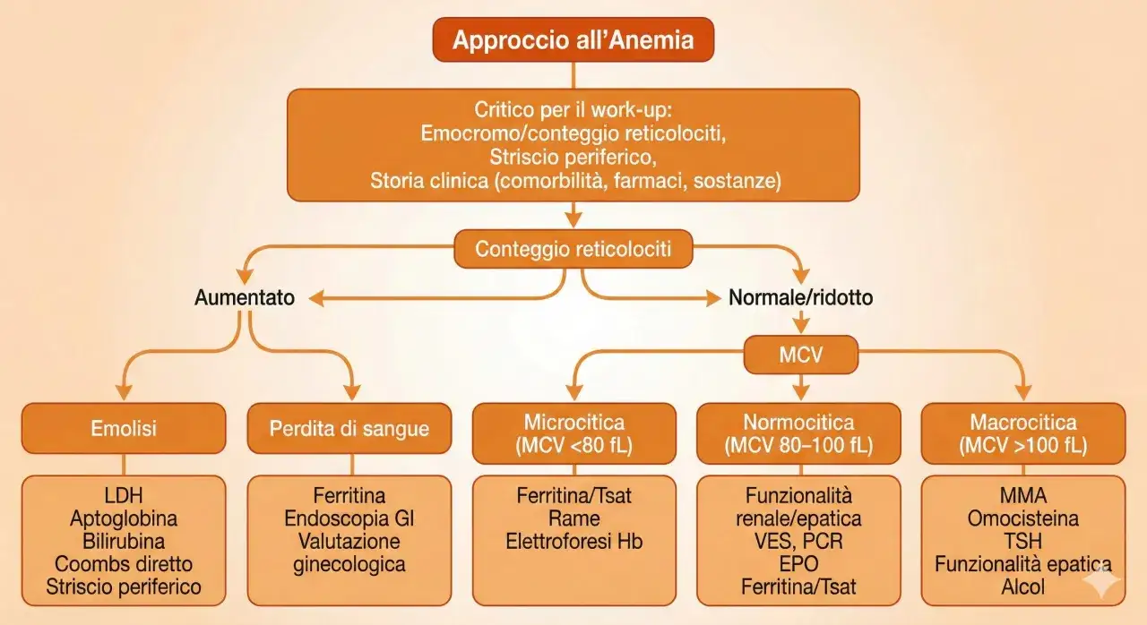 Schema diagnostico per l'anemia. Indica che globuli rossi, emoglobina ed ematocrito bassi richiedono indagini.
