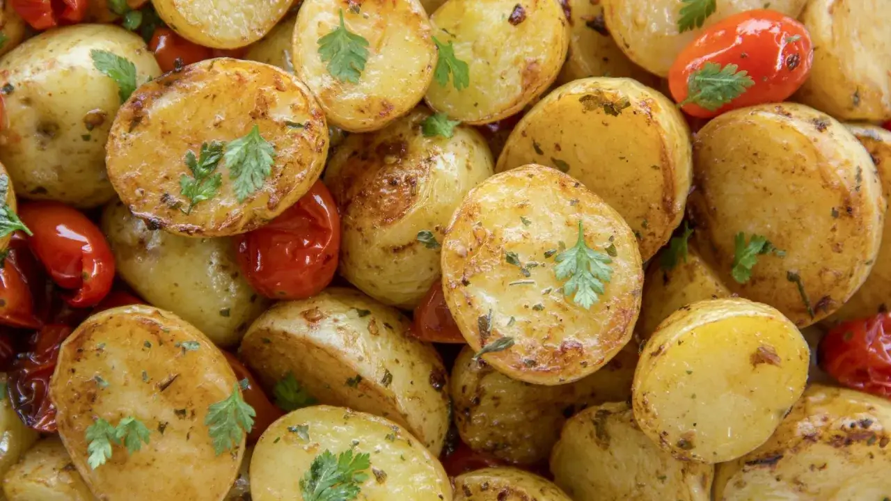 Patate arrosto dorate e pomodorini ciliegino, condite con erbe aromatiche. Le patate sono verdure versatili e deliziose.