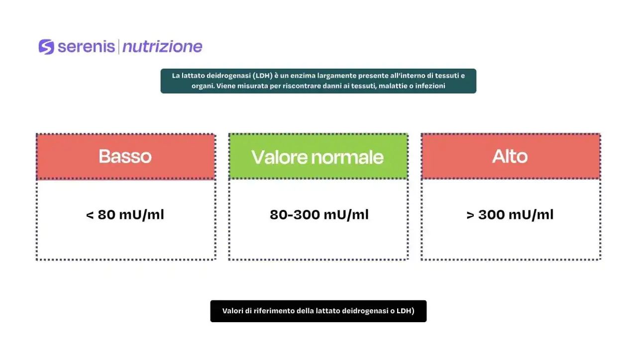 Grafico che illustra i valori normali di LDH: basso (<80), normale (80-300) e alto (>300) mU/ml.