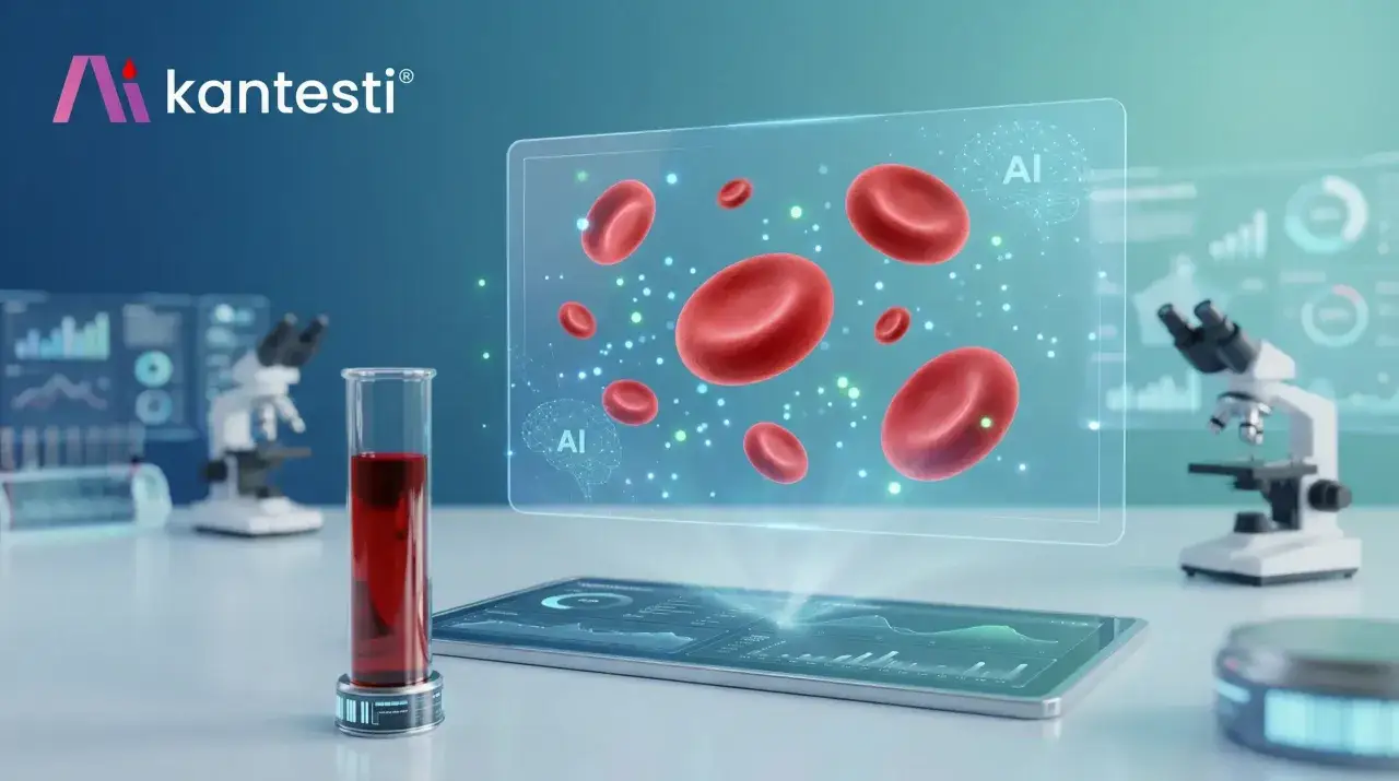 Analisi di globuli rossi con IA, suggerisce un RDW SD basso. Laboratorio futuristico con provetta e microscopio.