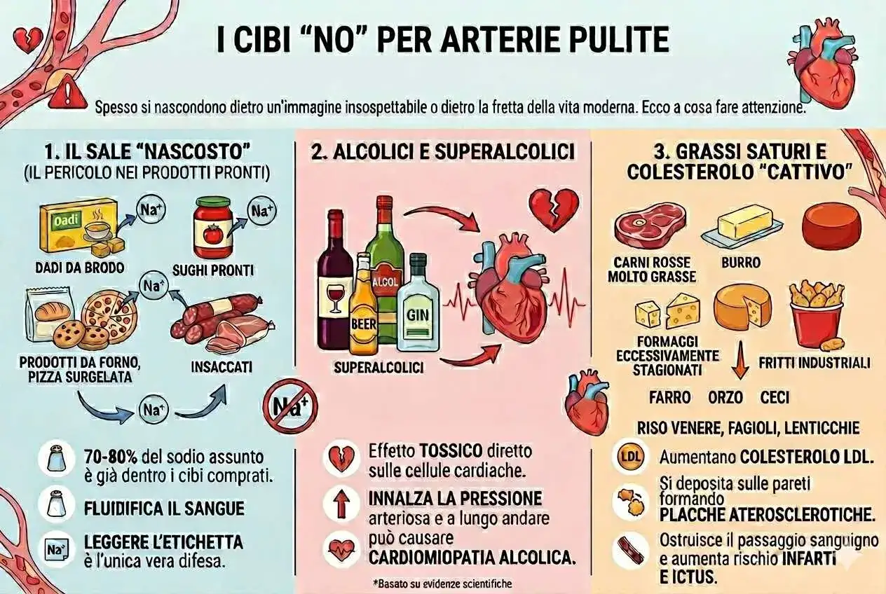 Cibi da evitare per arterie pulite: sale, alcolici e grassi saturi che aumentano il colesterolo LDL e il rischio di infarti.