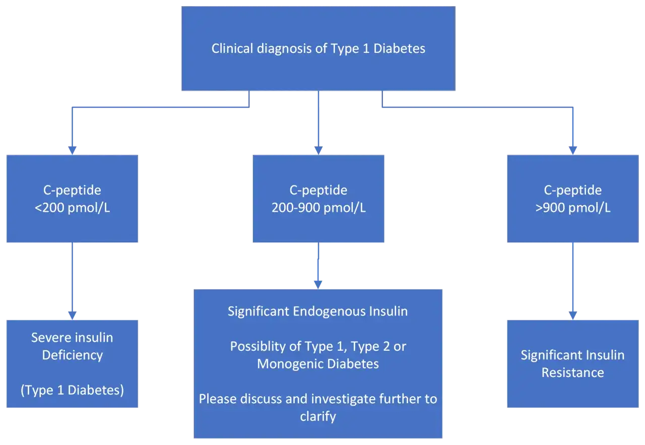 Diagramma diagnostico diabete tipo 1: C-peptide basso (<200 pmol/L) indica grave deficit insulinico (tipo 1). C-peptide alto (>900 pmol/L) suggerisce resistenza insulinica.
