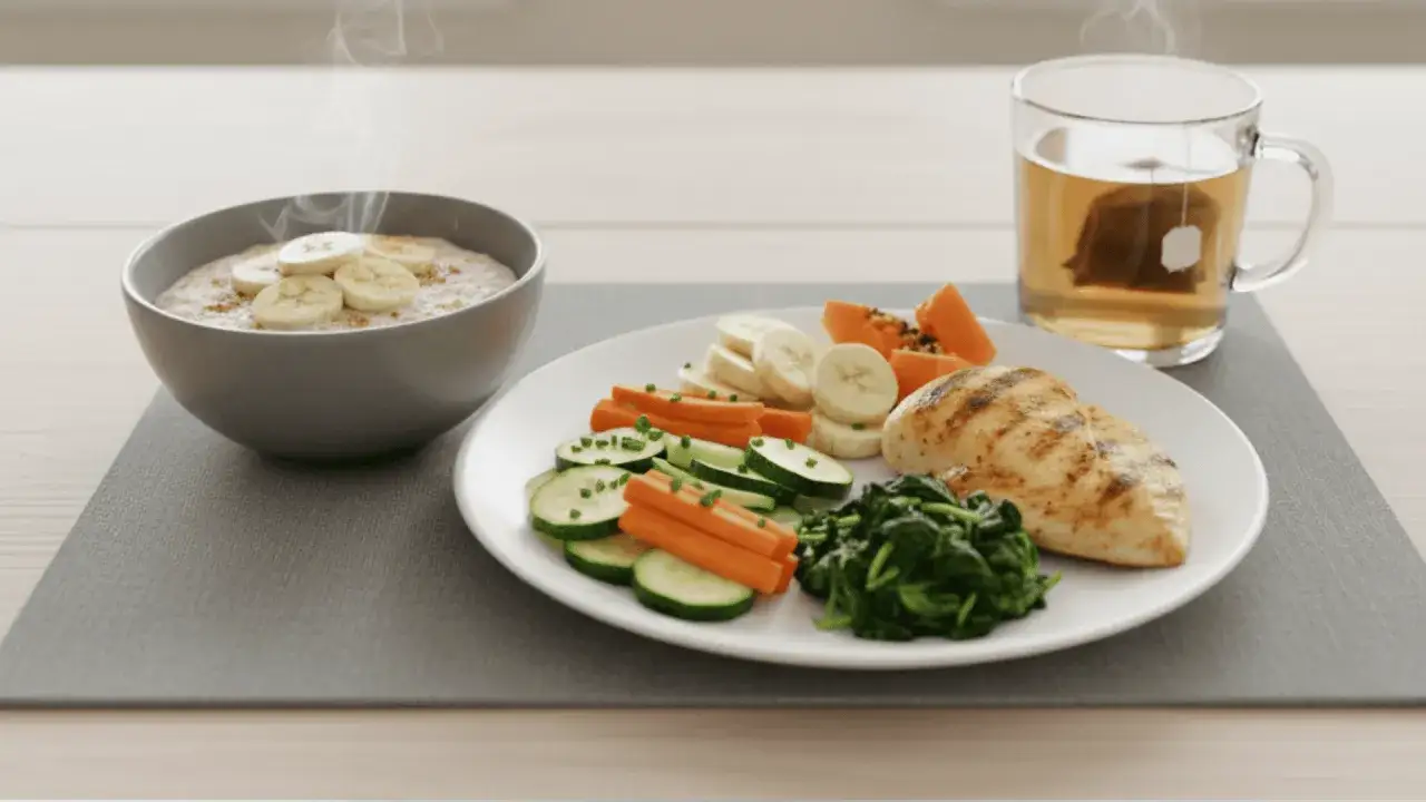 Pasto leggero e salutare: porridge con banana, pollo alla griglia, verdure miste, frutta e t&egrave;. Cos&igrave; sono guarito dalla gastrite.