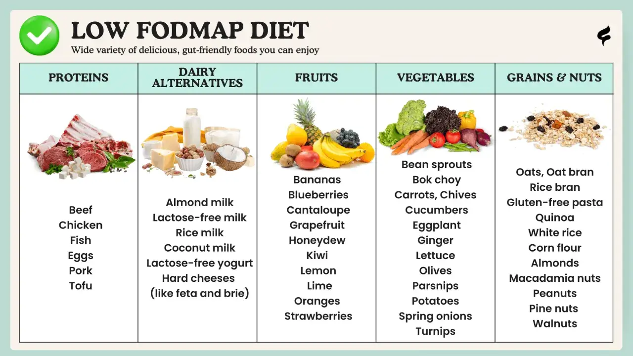 Elenco alimenti che non fermentano nell'intestino: proteine, alternative latticini, frutta, verdura, cereali e noci.
