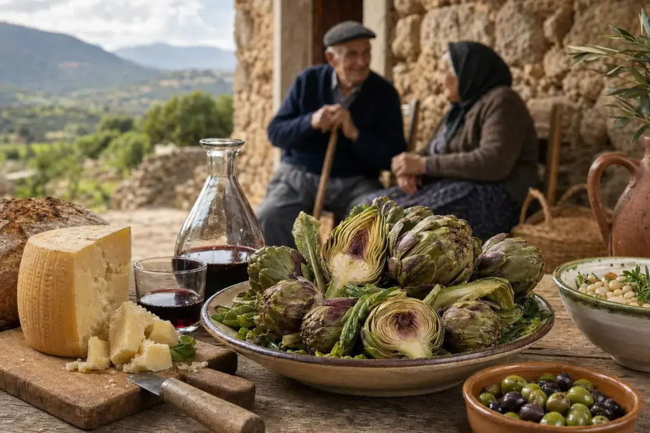 Un pasto rustico con formaggio, carciofi e vino rosso. Una coppia anziana conversa sullo sfondo. La tabella colesterolo formaggi &egrave; un argomento da considerare con moderazione.
