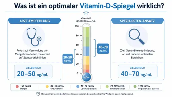 Grafico che illustra i livelli ottimali di vitamina D, con indicazioni per medici e specialisti. L'analisi della vitamina D è fondamentale per la salute.