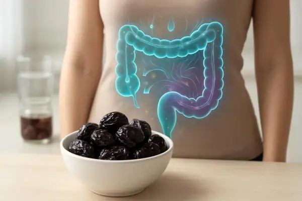 Prugne secche, un rimedio naturale per la stitichezza, mostrate accanto a un'illustrazione dell'intestino umano.